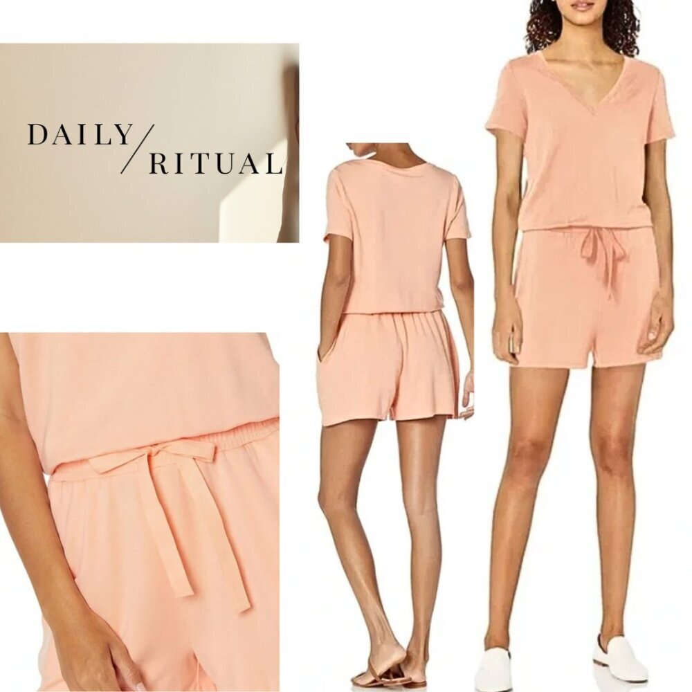 Daily Ritual, Short Sleeve V-neck Romper, Peach, Orange